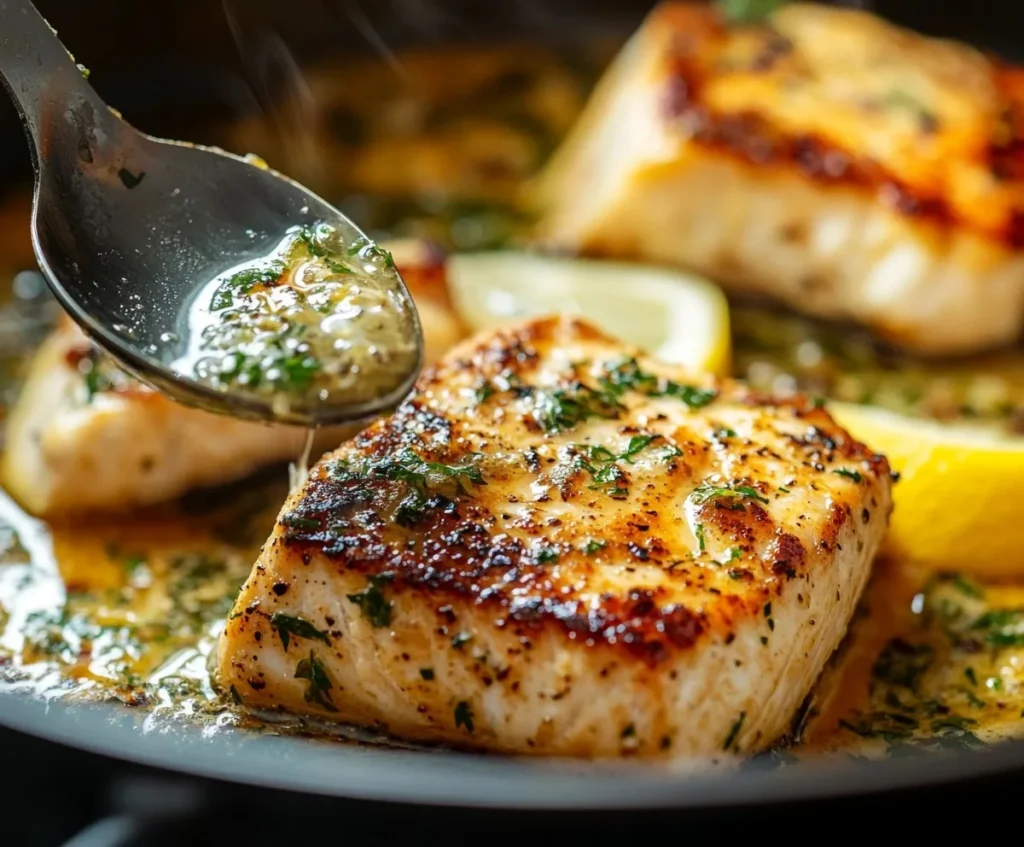 Spoon basting golden swordfish fillet with lemon garlic herb butter