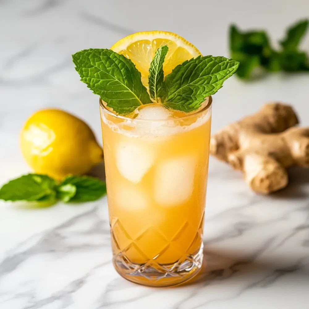 A glass of Brazilian Mounjaro drink served over ice and garnished with fresh mint and a lemon slice.