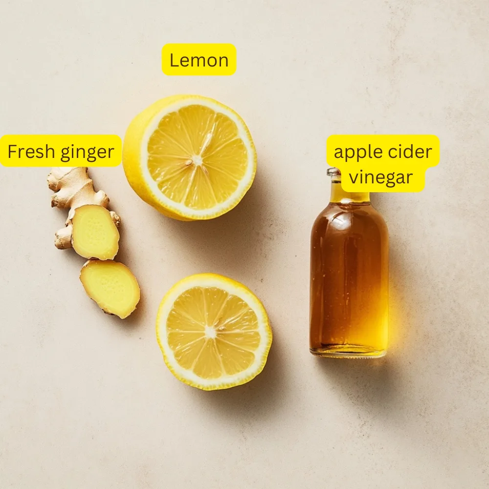 Overhead shot of a halved lemon, fresh ginger root, and a glass bottle of apple cider vinegar arranged on a clean beige countertop, labeled clearly for easy identification.