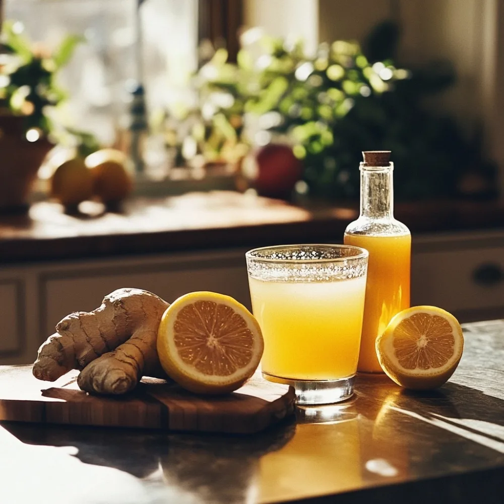 A warm Brazilian kitchen counter scene with a glass of Mounjaro drink, fresh lemon halves, ginger root, and a filled vinegar bottle in soft natural light.