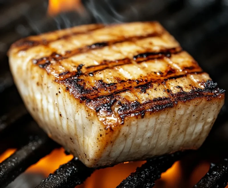 Grilled swordfish steak with char marks over open flame