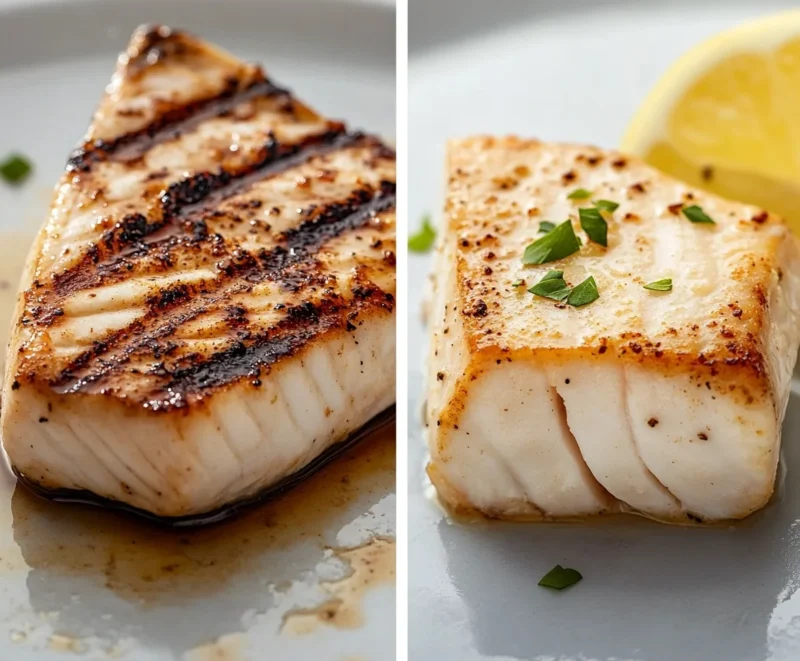 Side-by-side comparison of grilled and baked swordfish fillets