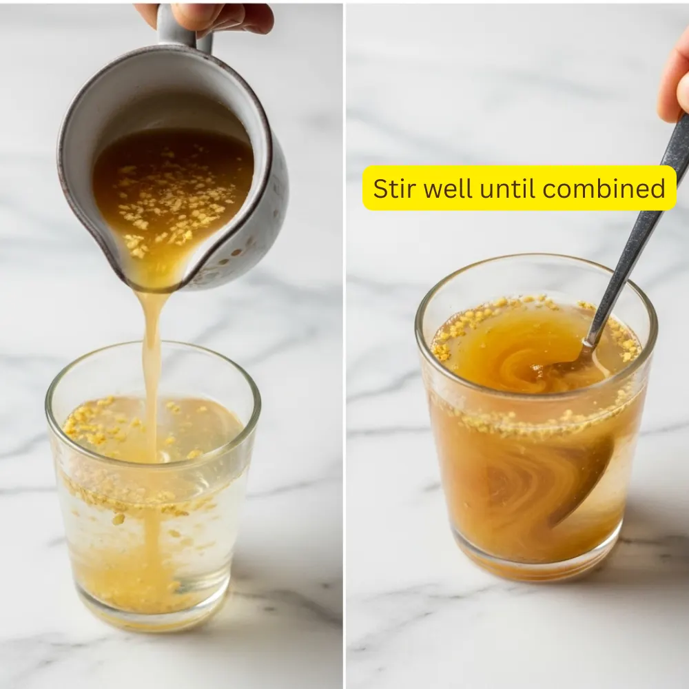 Side-by-side image showing apple cider vinegar and ginger mixture being poured into a glass of water and then stirred with a spoon until well combined.