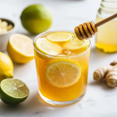 Close-up of honey being drizzled into a glass of Mounjaro drink with lemon slices floating on top. Fresh lime, ginger, and apple cider vinegar are placed nearby on a bright counter.