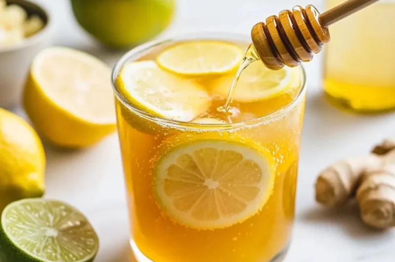 Close-up of honey being drizzled into a glass of Mounjaro drink with lemon slices floating on top. Fresh lime, ginger, and apple cider vinegar are placed nearby on a bright counter.