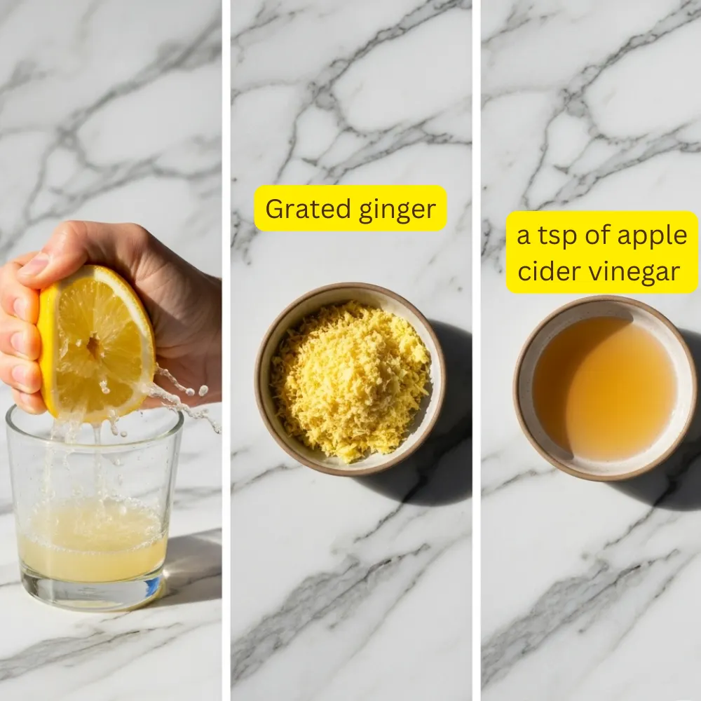 Three-panel step-by-step image showing a hand squeezing lemon into a glass, a bowl of grated ginger, and a teaspoon of apple cider vinegar.