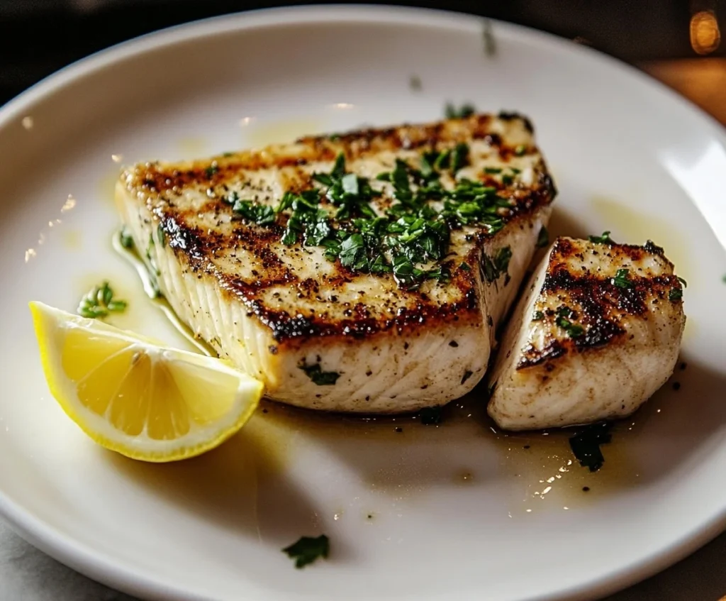 Seared swordfish fillet plated with lemon wedge and herbs