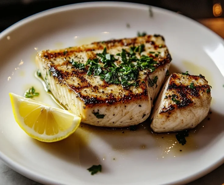 Seared swordfish fillet plated with lemon wedge and herbs