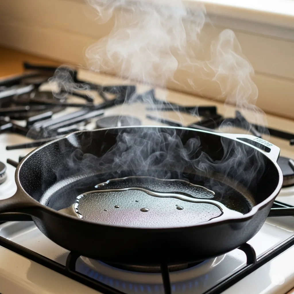 Hot cast iron skillet with oil heating on a gas stove