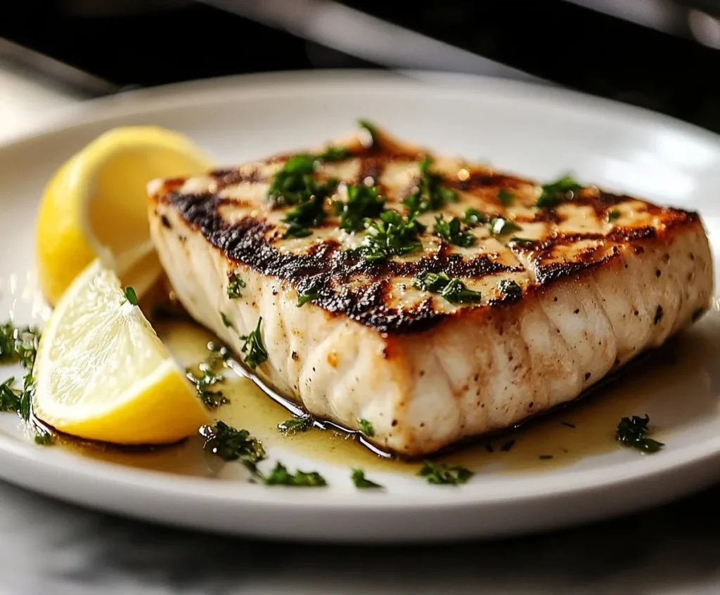 a grilled swordfish steak with lemon wedges and herbs on white plate