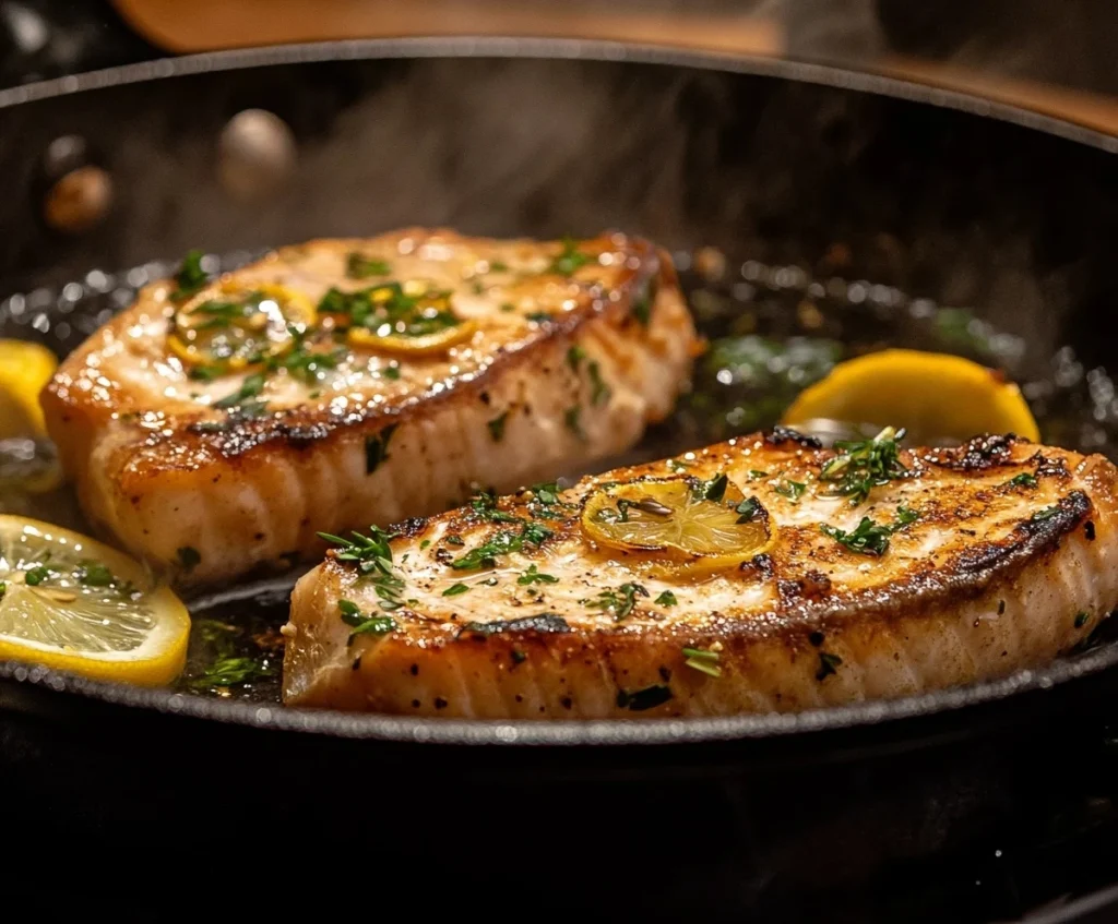 Swordfish steaks searing in skillet with lemon slices and herbs