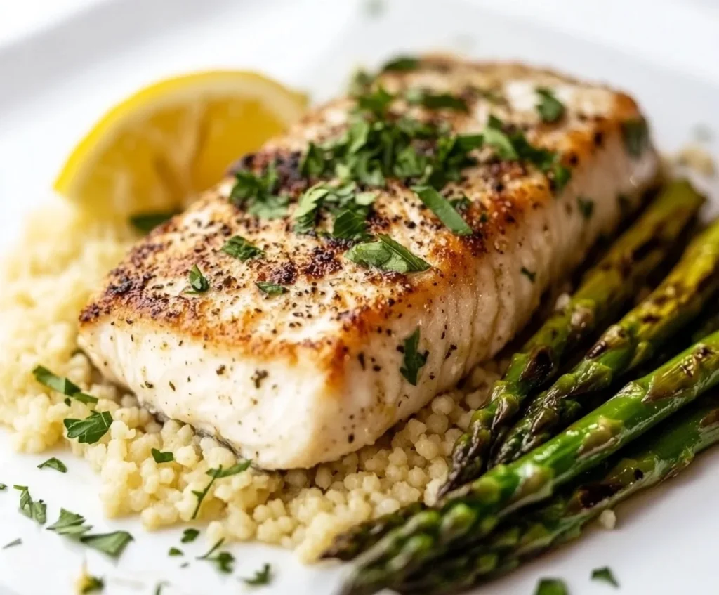 Seared swordfish served with couscous, grilled asparagus, and lemon wedge