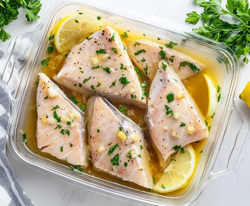 Raw swordfish fillets marinating in lemon, garlic, and olive oil