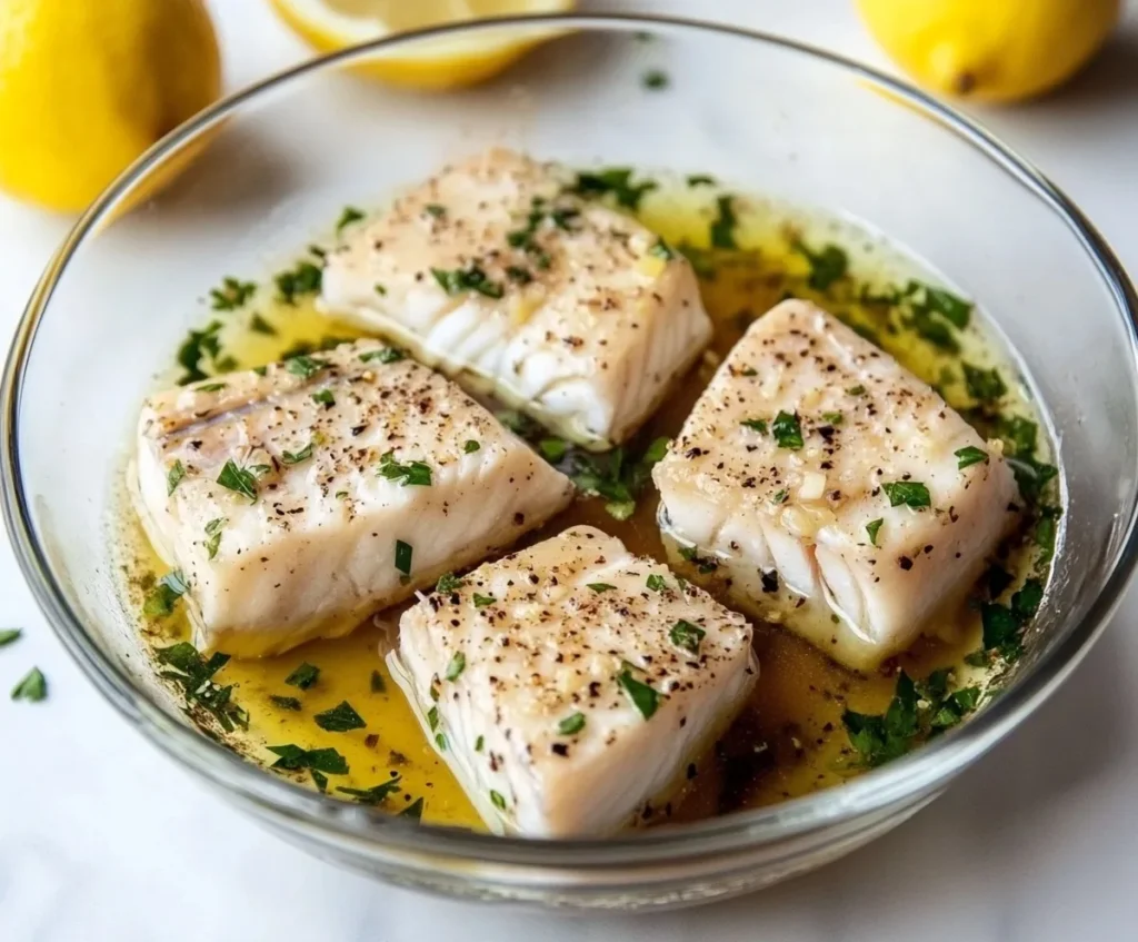 Swordfish fillets marinating in lemon garlic herb sauce