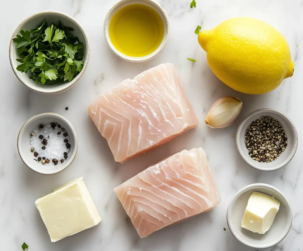 Ingredients for pan-seared swordfish: fillets, lemon, garlic, fresh parsley, and seasonings.