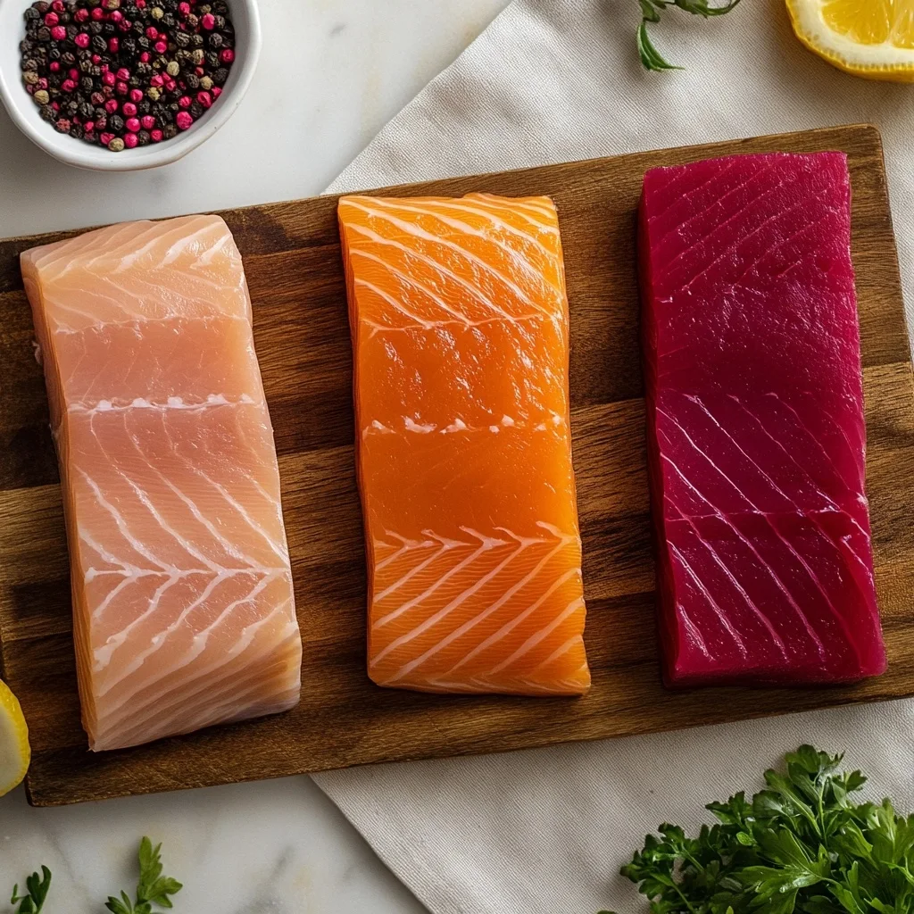 Three raw fish fillets—white swordfish, orange salmon, and deep red tuna—neatly arranged on a wooden cutting board with herbs, peppercorns, and lemon nearby.