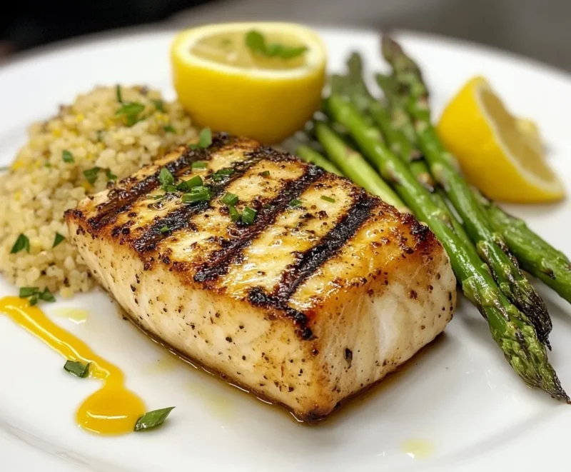 Swordfish steak served with lemon rice, asparagus, and fresh lemon